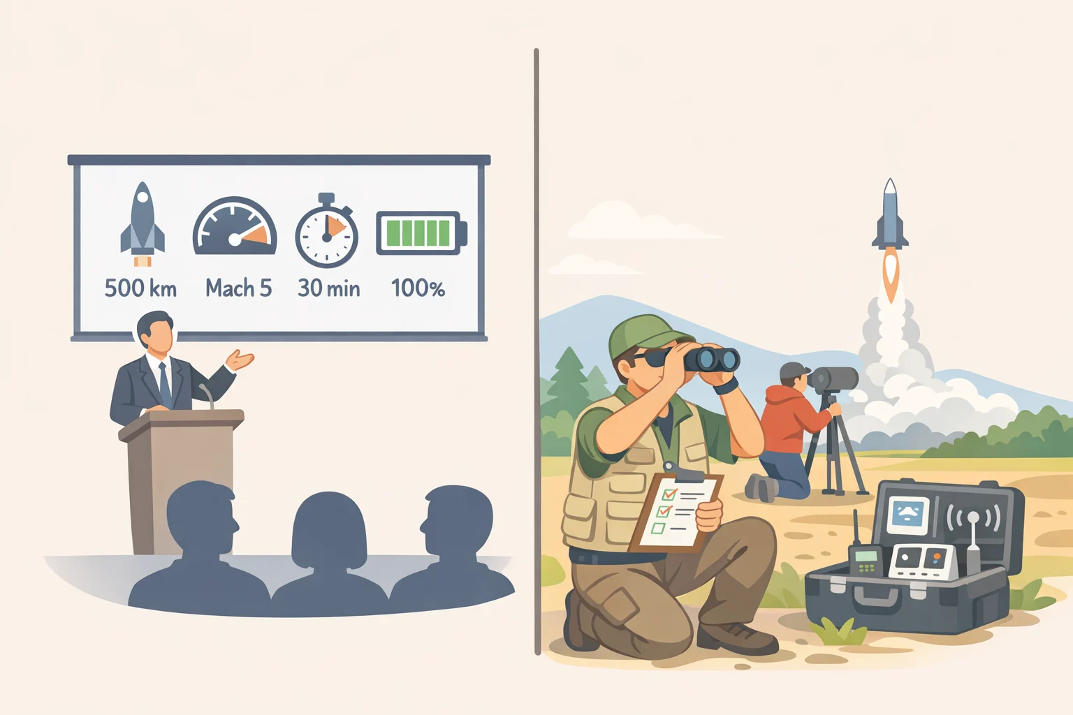 Illustration split between an August 12 product announcement displaying confirmed specs (UWB, battery, water resistance, anti-stalking alerts) and later real-world testing to verify network performance