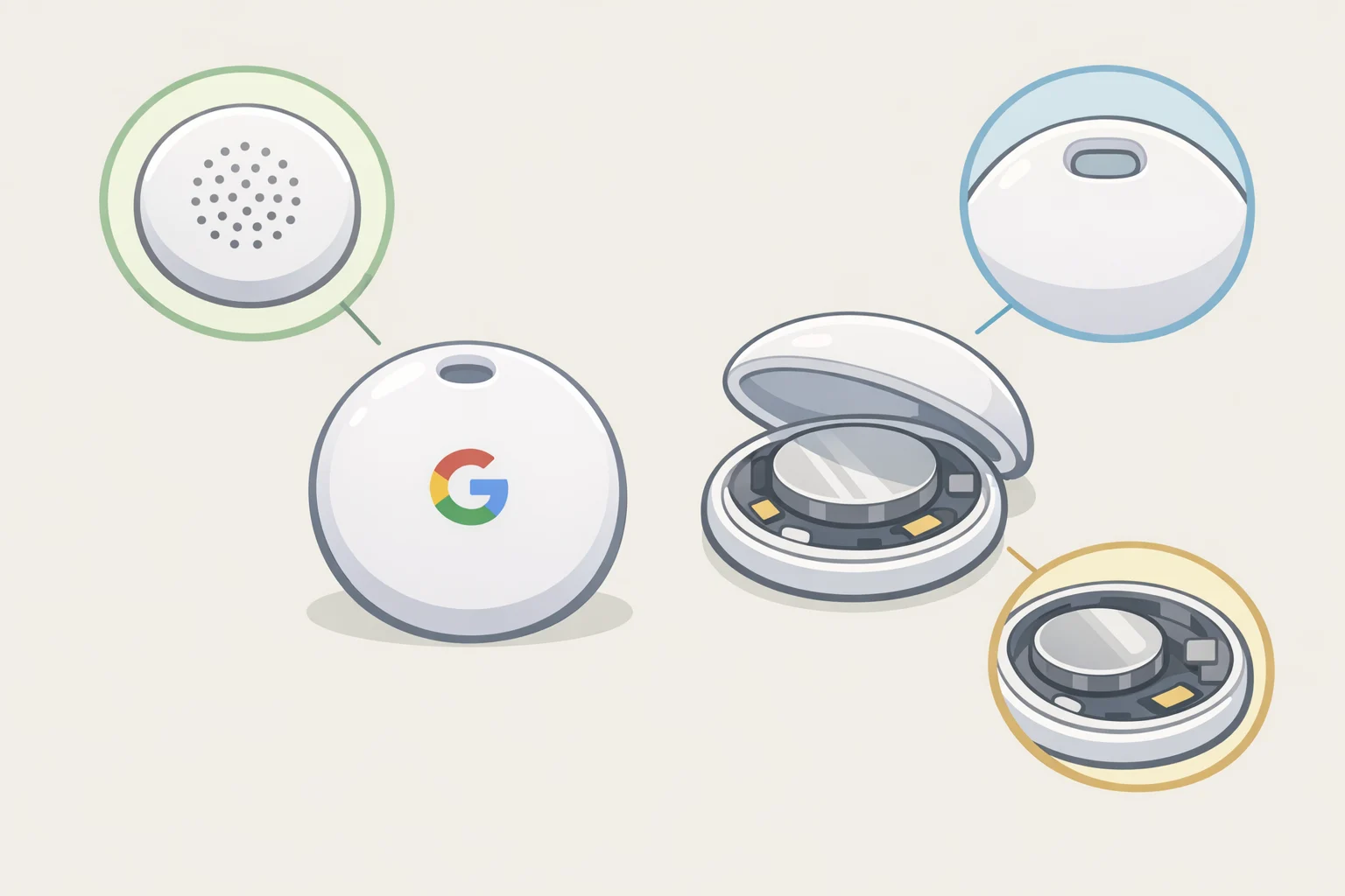 Leaked Google Pixel Tag puck-style tracker design with a bottom speaker grille and GA12506 model marking