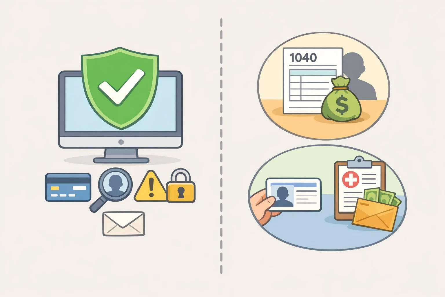 Side-by-side illustration showing identity monitoring alerts (credit-bureau activity, address changes, new service applications) versus gaps like fraudulent tax returns and benefits claims