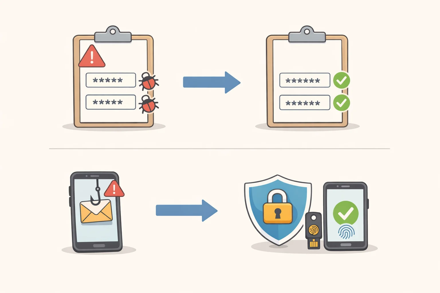 Illustration of a user rotating exposed passwords and turning on phishing-resistant multi-factor authentication for critical accounts after a credential-compromising npm supply-chain incident