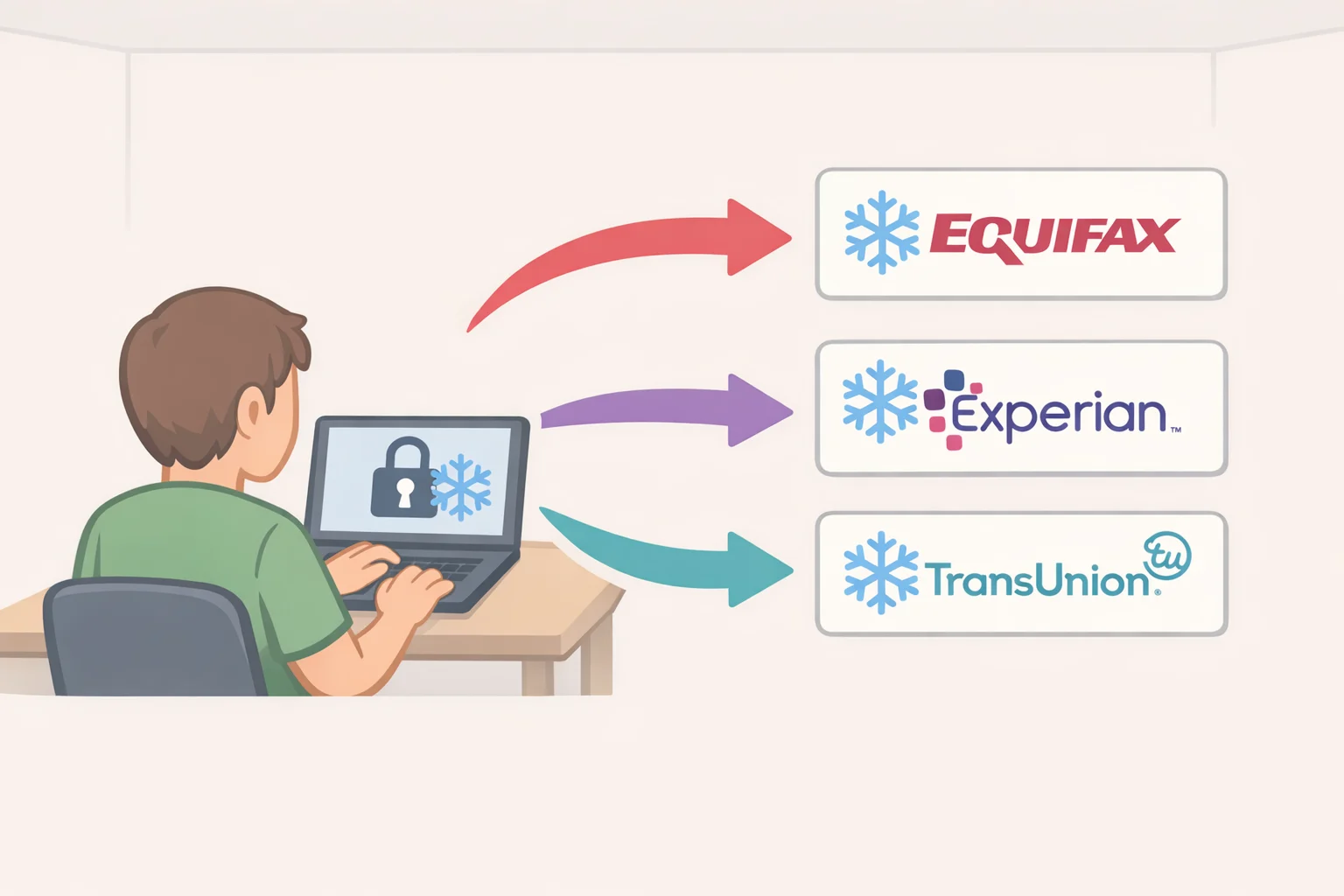 Diagram showing how to place a credit freeze separately with Equifax, Experian, and TransUnion—what to do if your information is on the dark web