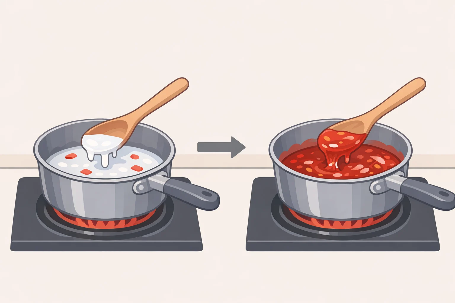 A close-up sequence of cornstarch and water stirred over heat with toasted black pepper, transforming from cloudy liquid into a thick, glossy gel for cornstarch cacio e pepe sauce