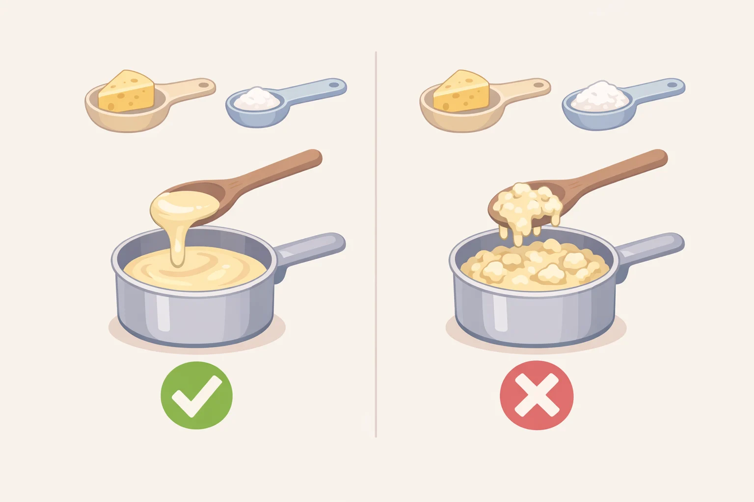 A side-by-side visual comparing cacio e pepe sauce made with about 2–3% cornstarch versus under 1%illustrating the smooth uniform result against clumped 'Mozzarella Phase' failure