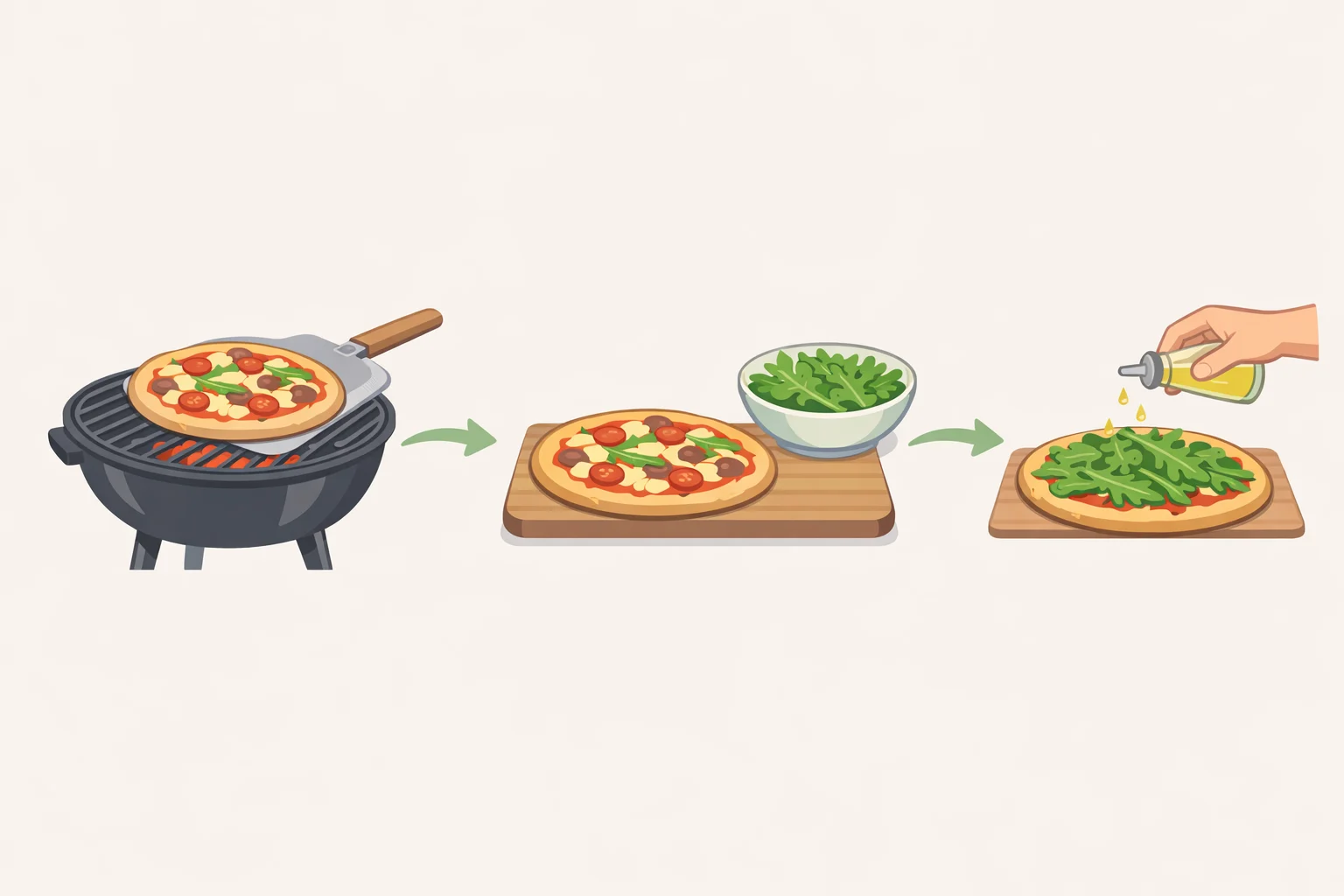 Illustration showing the pizza leaving the grill first, then arugula salad with lemon and shaved Parmesan being piled on immediately to prevent a soggy crust