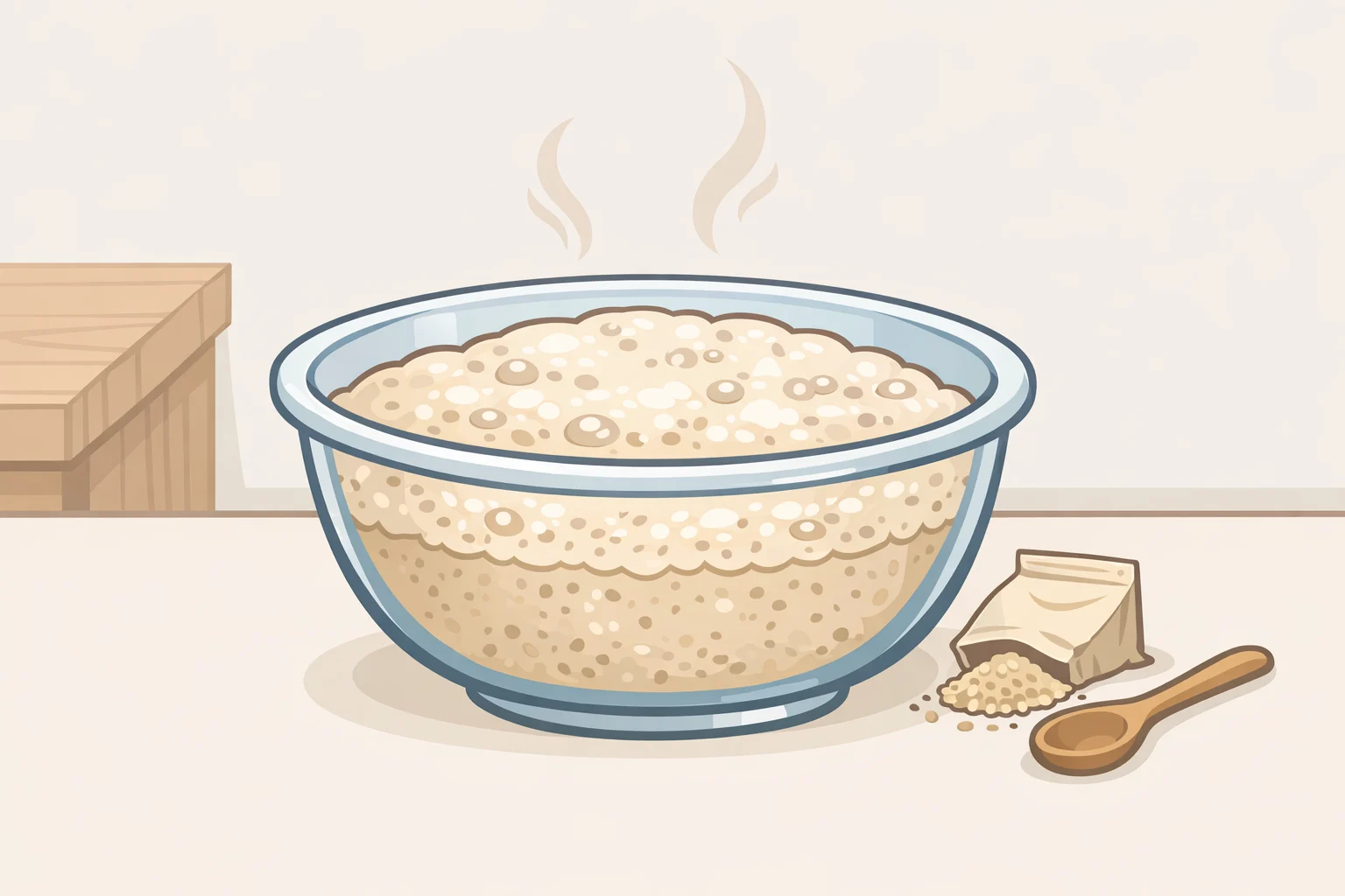 Illustration of warm water, yeast, honey, and olive oil proofing until foamy, then ready to be mixed into pizza dough for grilled prosciutto fig jam pizza