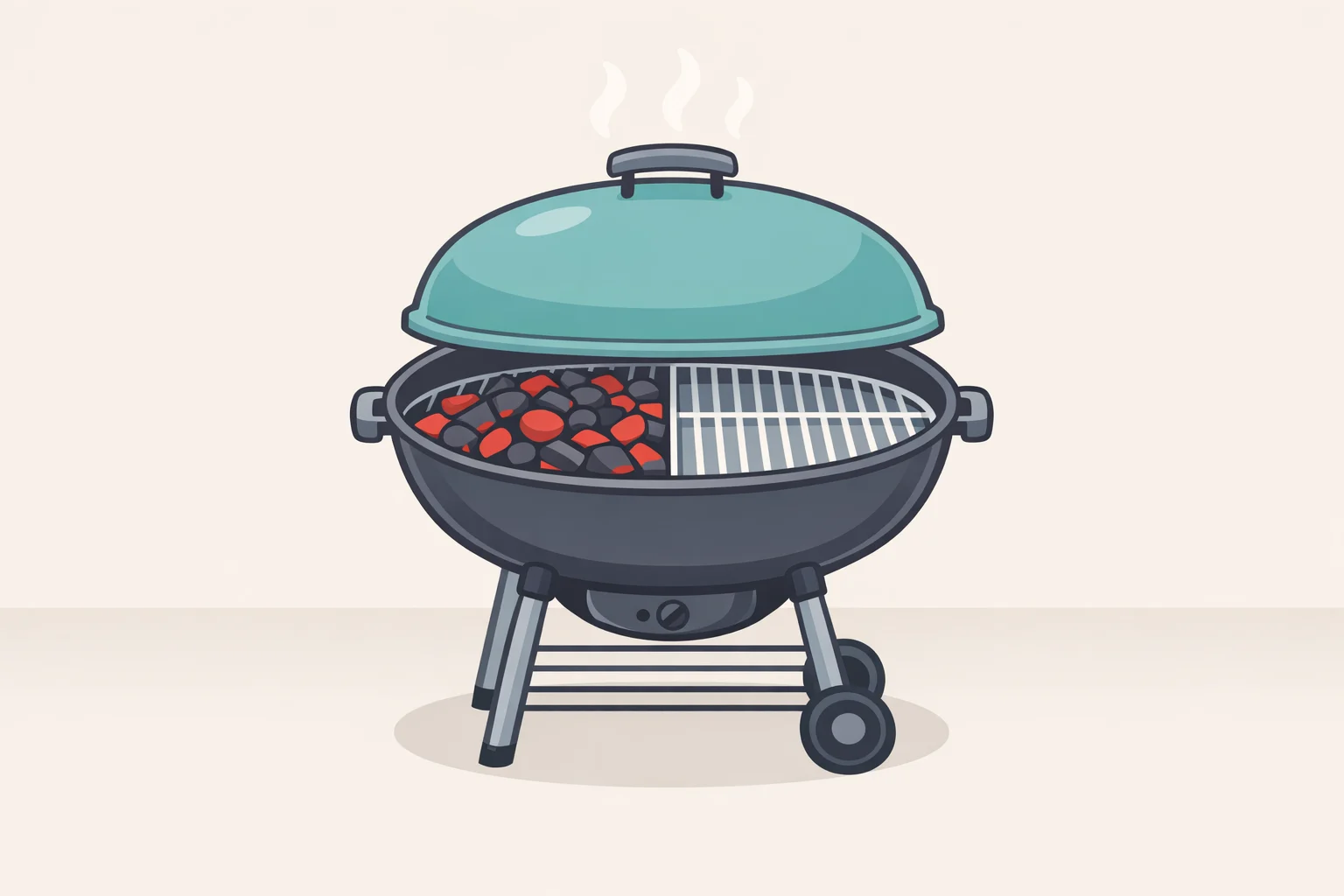 Illustration of a two-zone grill setup with coals banked under half the grate to prevent bottom charring while grilling prosciutto fig jam pizza