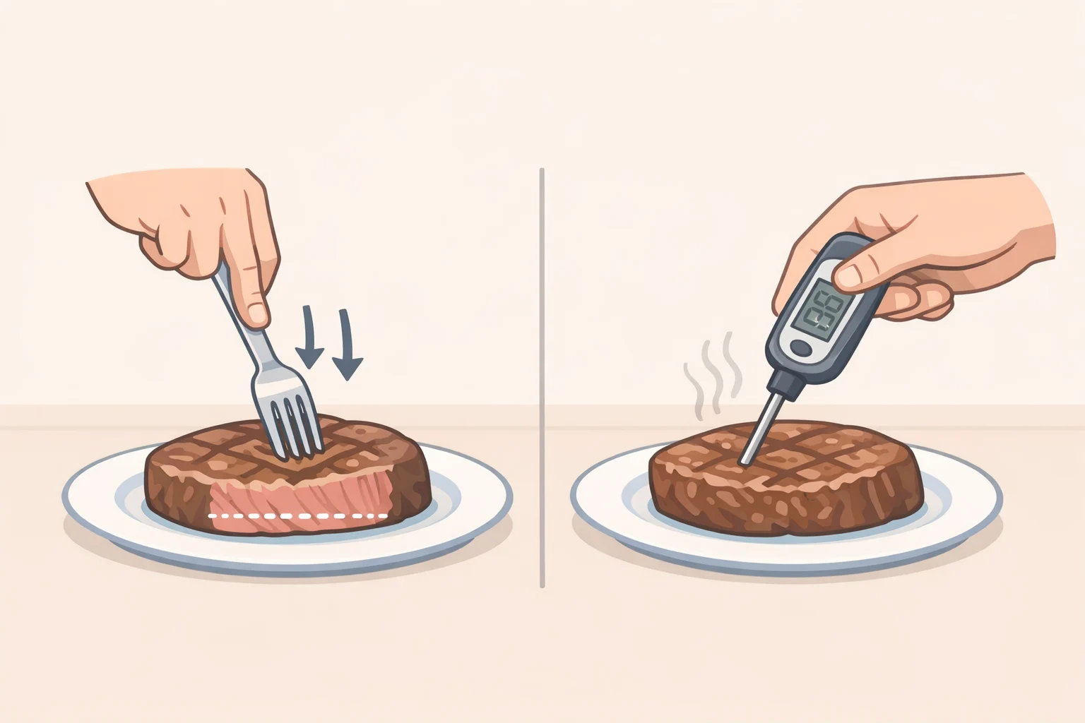 Close-up of a fork pressing into pork shoulder and a thermometer inserted into chicken thighs to confirm tenderness and safe doneness