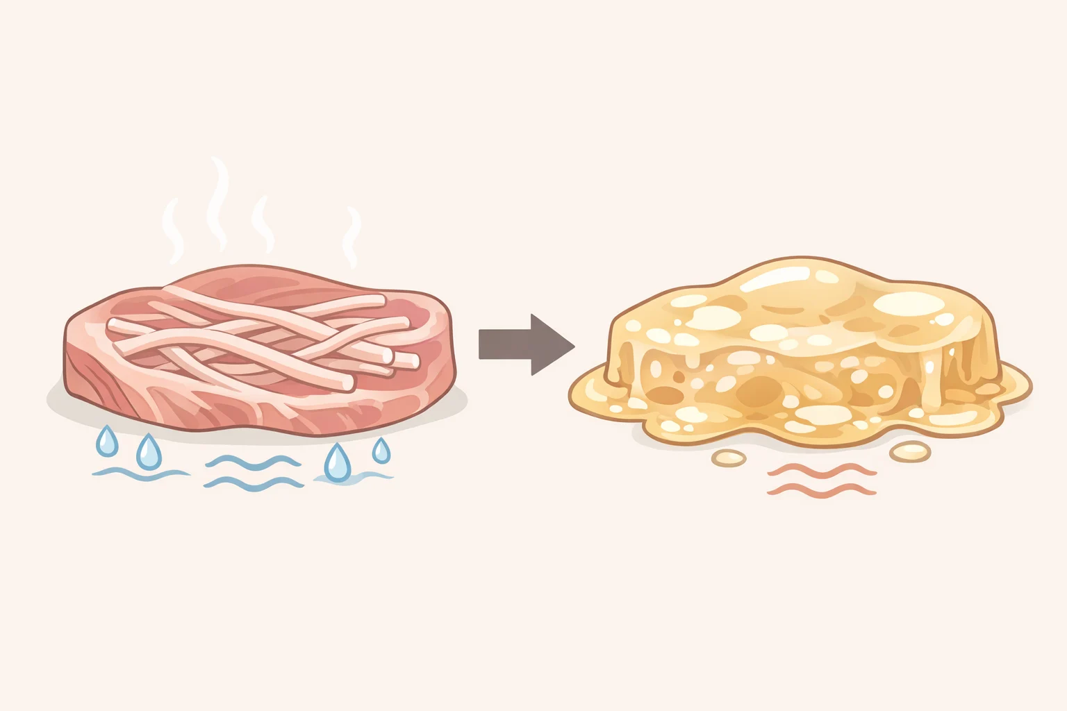 Diagram of connective tissue in chuck turning into gelatin and thickening the sauce, illustrating why best meats for slow cooker meals prioritize collagen-rich cuts