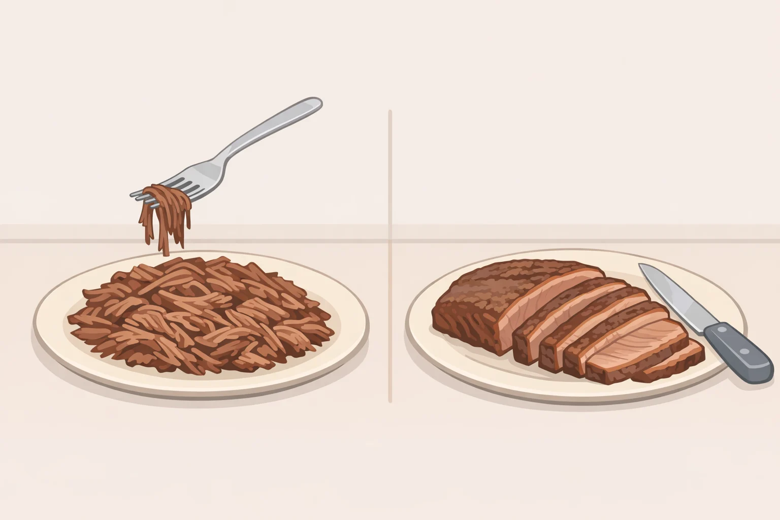 Side-by-side comparison of slow-cooked chuck and brisket showing fork-tender strands for chuck and clean slices for brisket