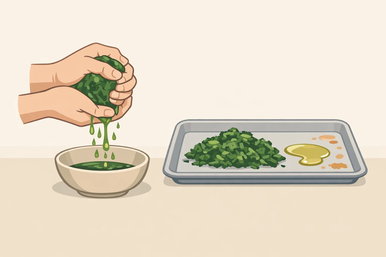 Frozen spinach squeezed dry to remove excess liquid before mixing into chilled gnocchi and feta so the bake browns instead of poaching