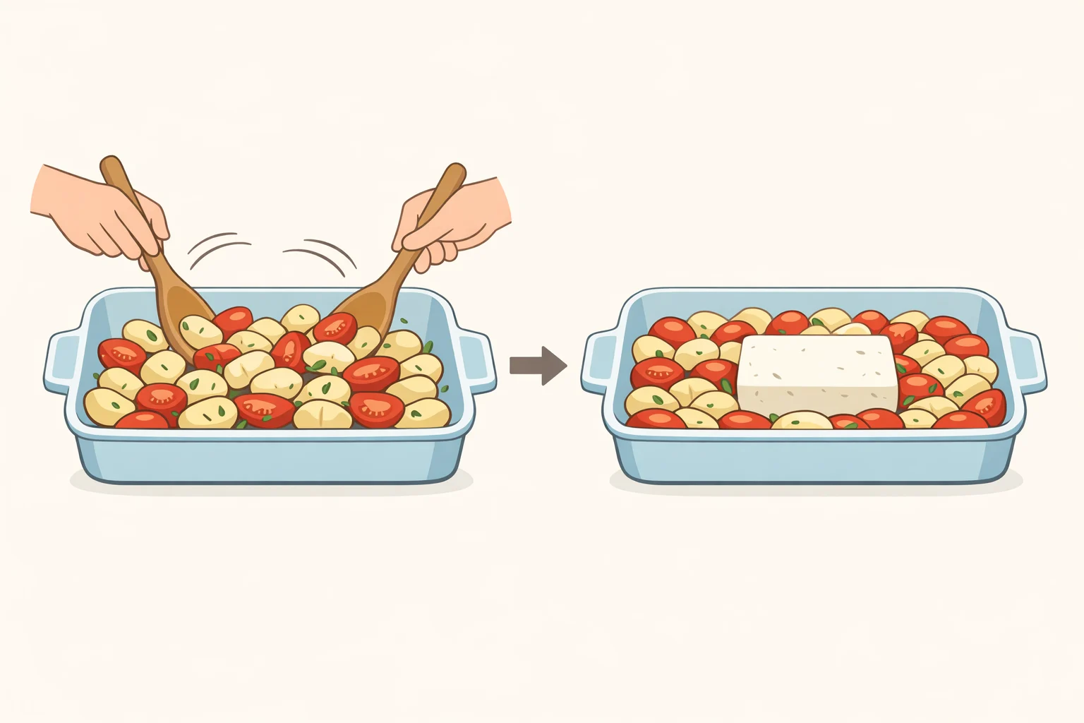 A baking dish showing tomatoes, shelf-stable gnocchi, garlic, olive oil, and salt mixed together with a feta block nested in the center for one-pan baked feta gnocchi