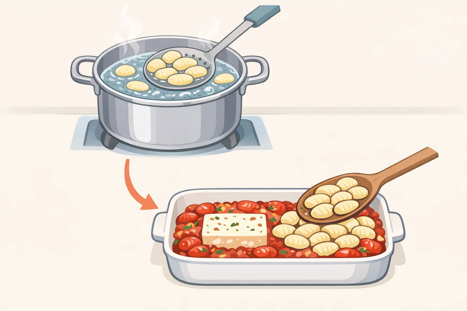 Step-by-step boil-first process: draining floating boiled gnocchi and folding it into a baked feta and tomato sauce in a broiler-safe casserole dish