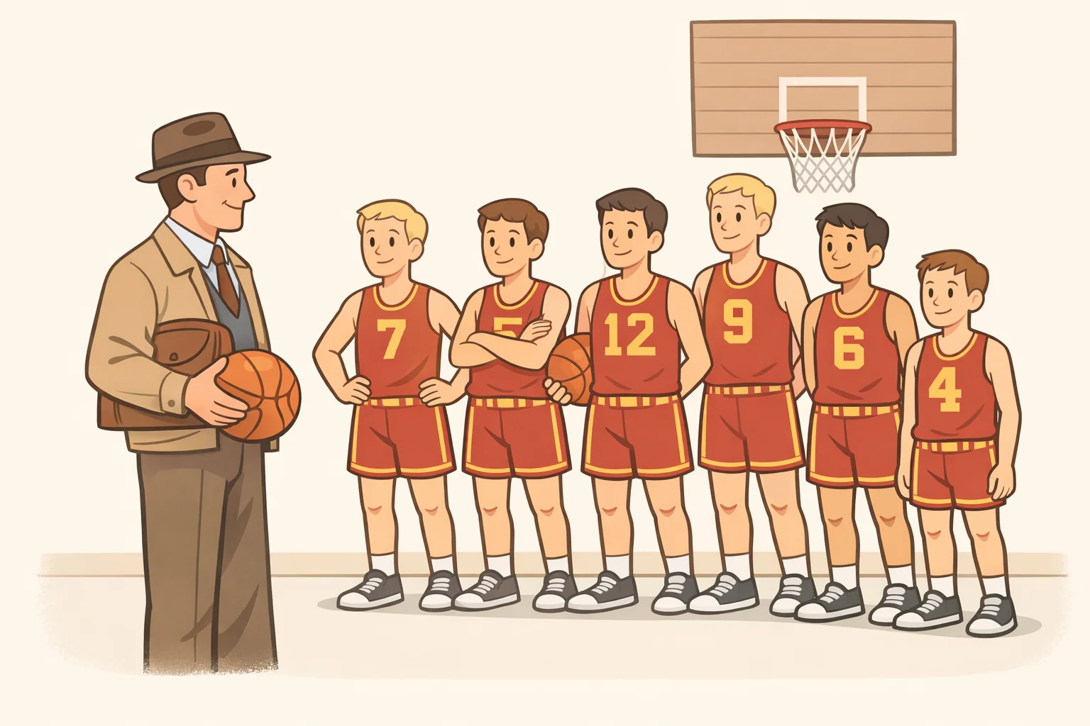 Illustration of 1951 Hickory, Indiana: coach Norman Dale arriving at a small high school, looking over a six-player basketball roster before the team manager Ollie