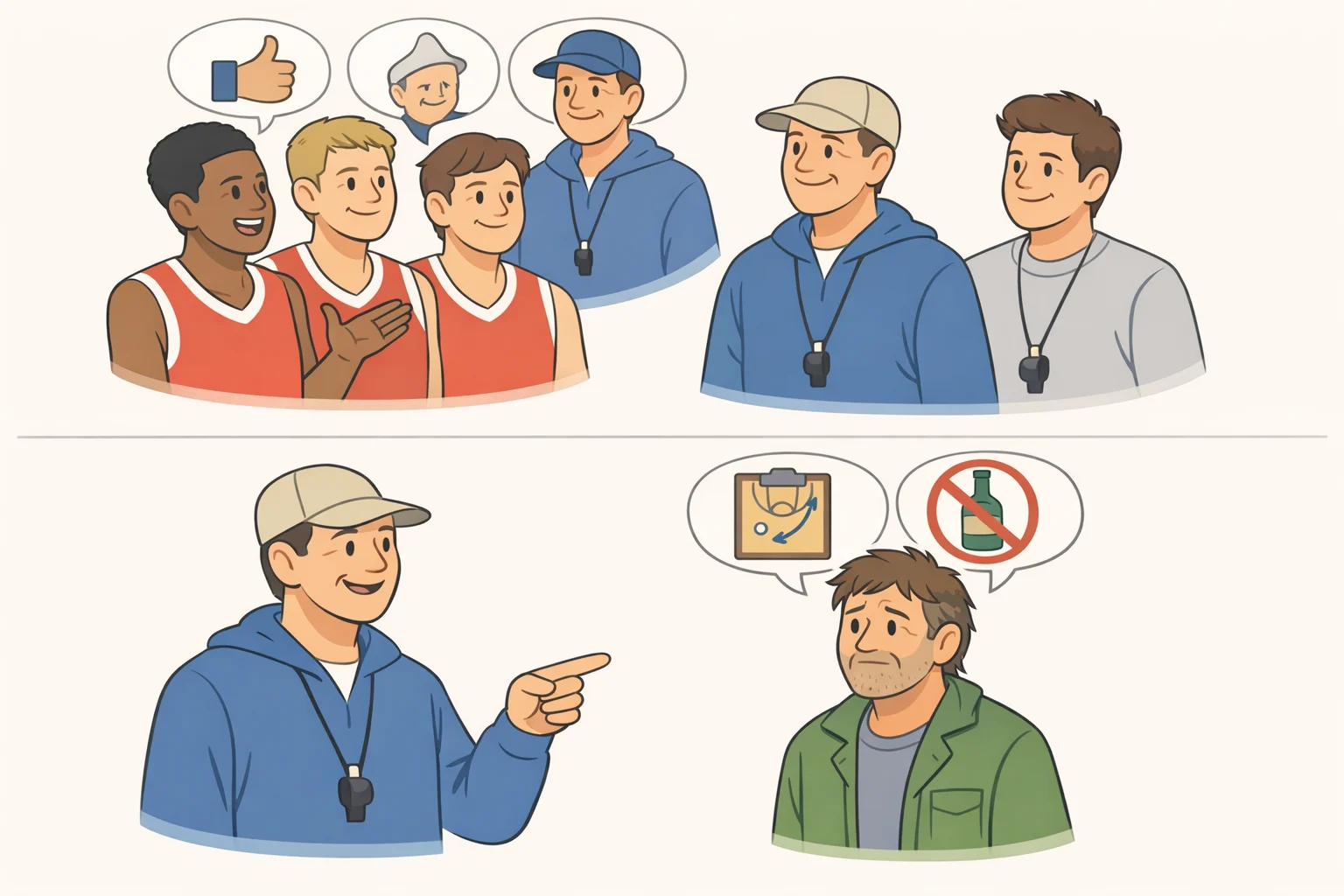 Scene-style illustration of Norman Dale backed by his players at risk of losing his job while Dale gestures toward Shooter, underscoring their trust-building moment—like movies like Ted Lasso to watch, but in a more serious, off-field stakes way
