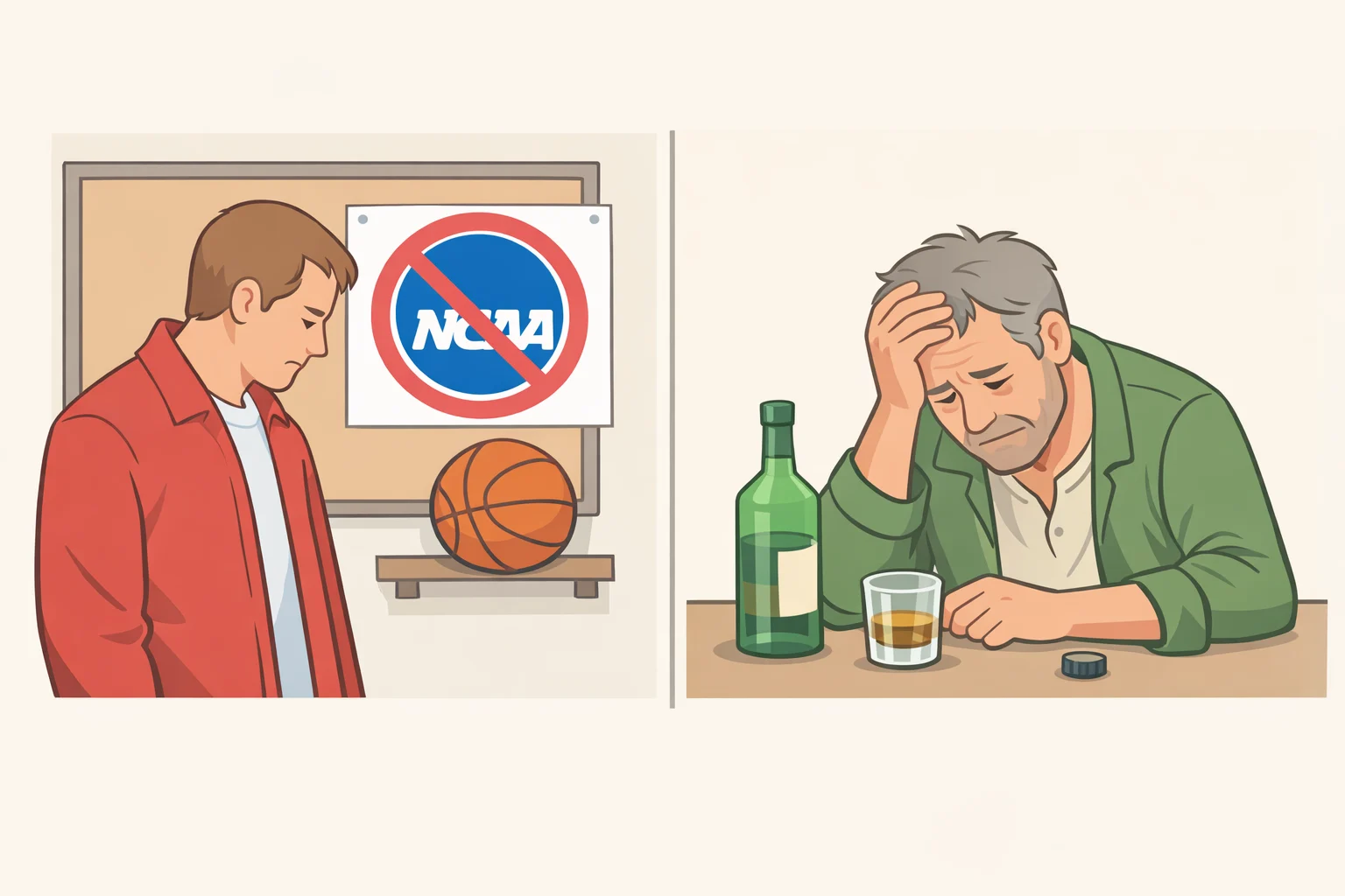 Illustration with a somber tone: coach Norman Dale carrying the weight of his violent past and NCAA ban while Shooter’s alcoholism appears as an ongoing struggle rather than a joke