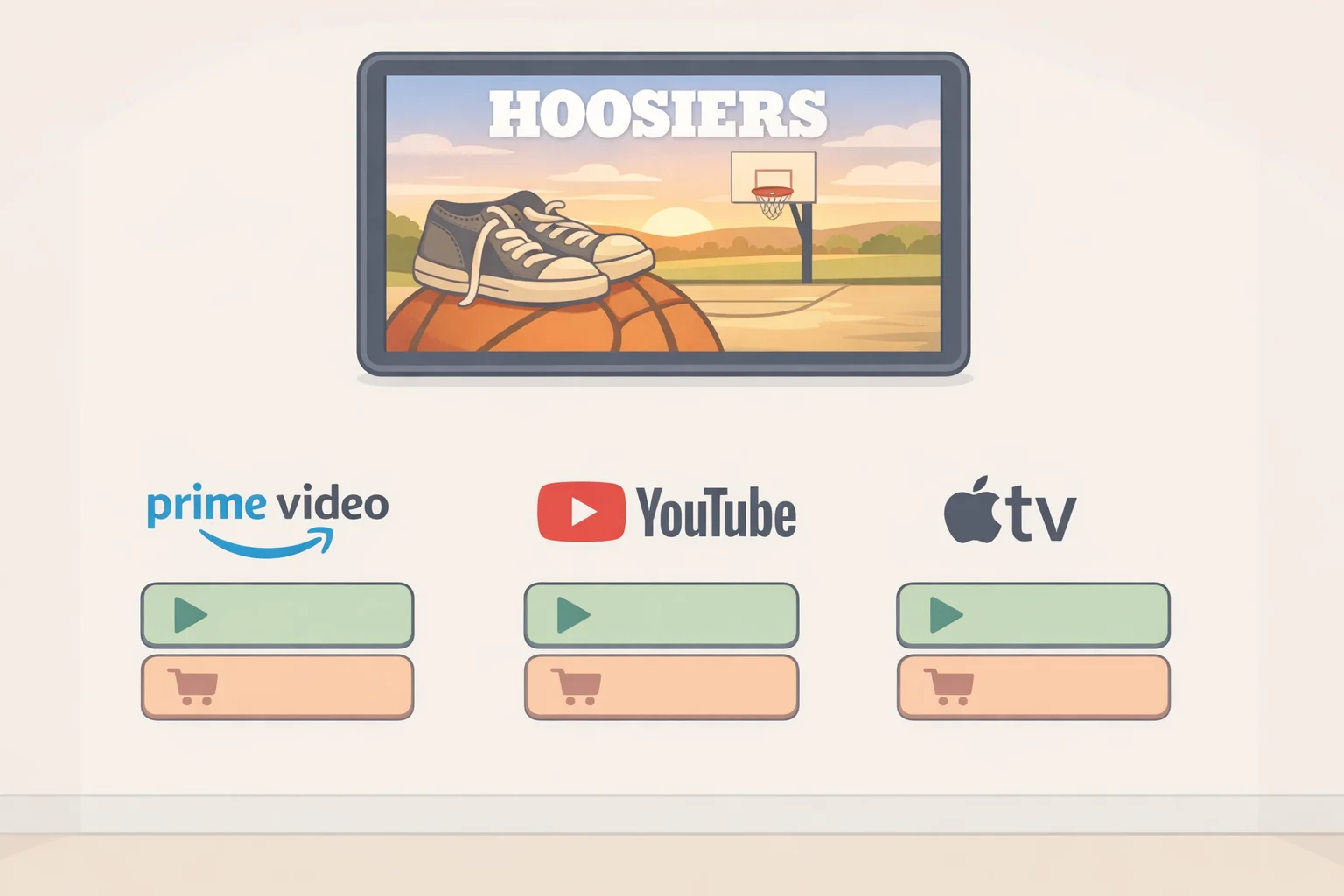 Illustration of streaming storefront screens listing Hoosiers for rent or purchase on Amazon Prime, YouTube, and Apple TV, emphasizing that availability can vary