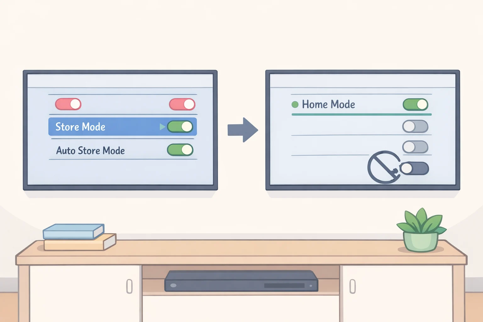 Illustration of a TV Settings screen with Store Mode/Demo Mode set to Off and Home Mode selected, plus an Auto Store Mode toggle disabled.