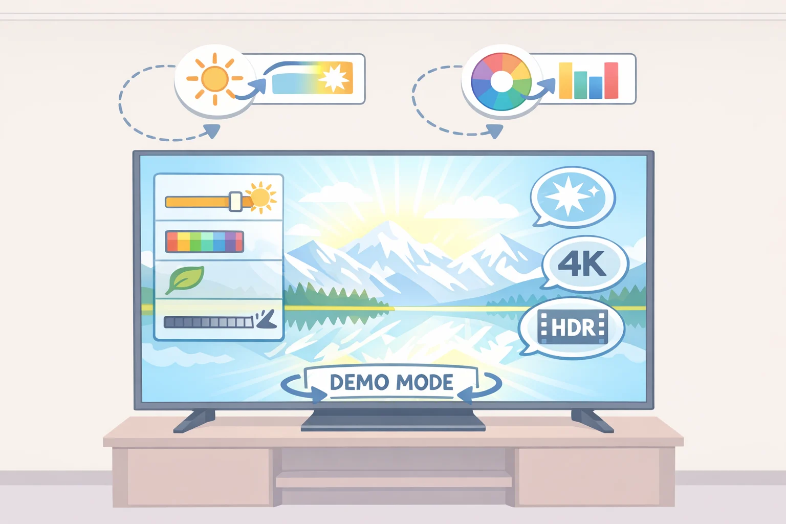 Illustration of a TV screen displaying store-style ad overlays and resolution/refresh-rate callouts, with an overbright Vivid/Dynamic-looking picture to highlight signs of how to turn off demo mode on a TV.