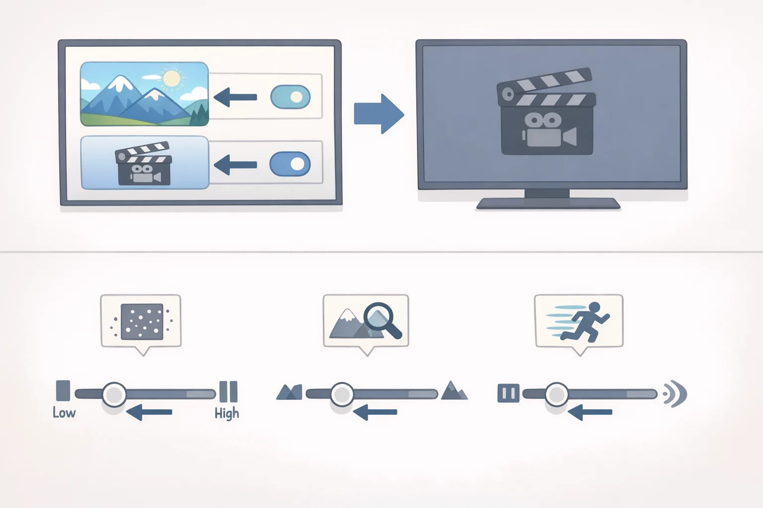 Illustration of a TV Picture settings panel with the preset changed to Filmmaker/Cinema and sliders for noise reduction, sharpness/edge enhancement, and motion smoothing turned down or off.