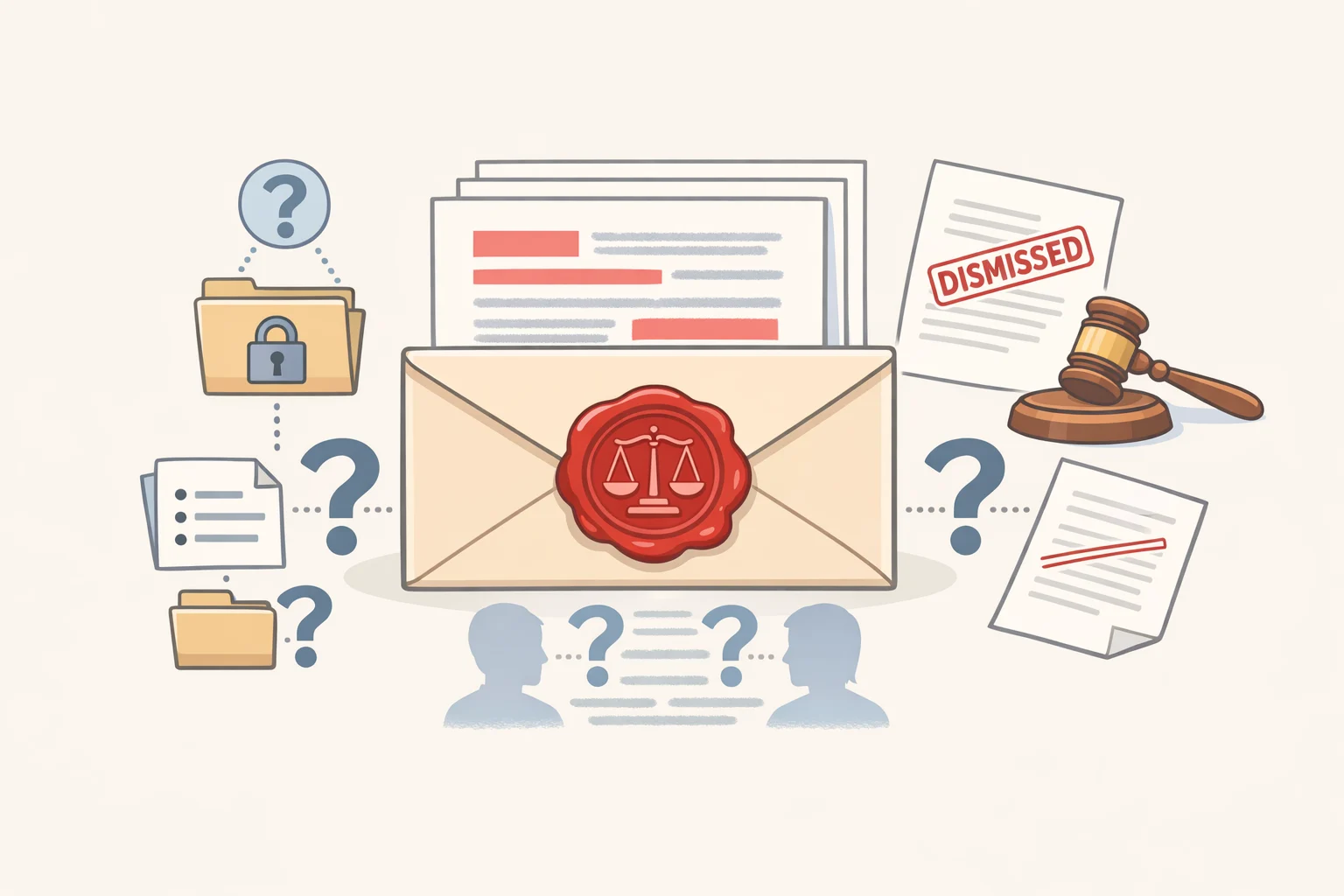 Illustration of a sealed internal report used in a lawsuit outcome, with a public disclosure gap showing what remains unknown due to the court seal and lack of independent access