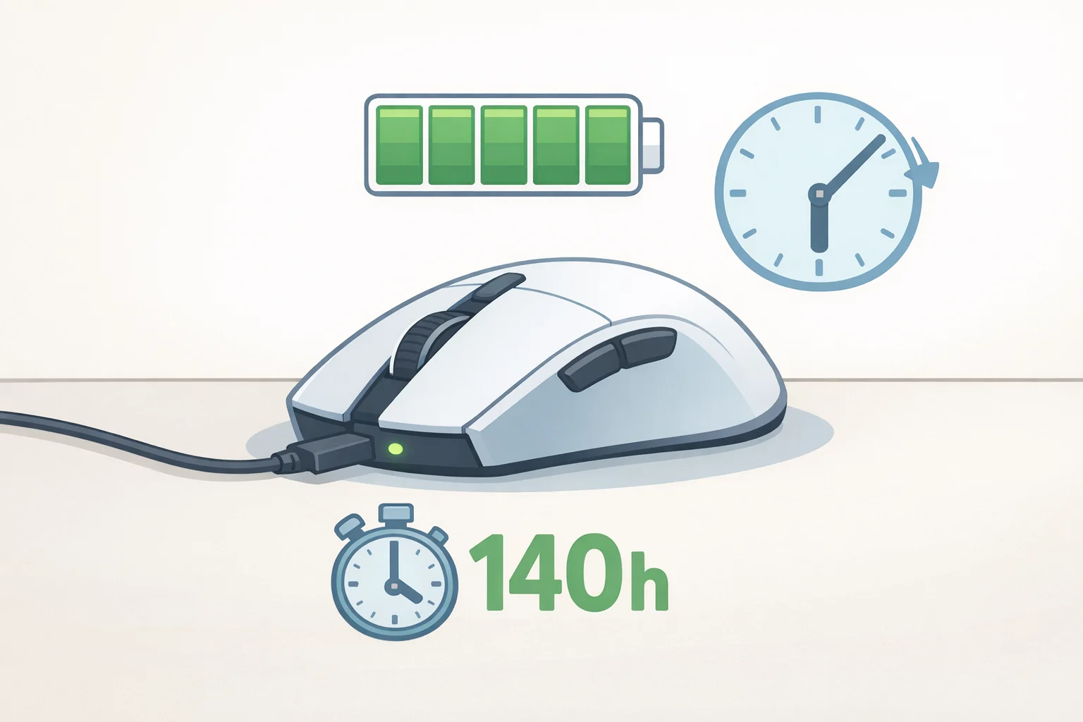 Diagram-style illustration of the Corsair Harpoon V2 wireless gaming mouse with a battery icon indicating a manufacturer-claimed 140 hours per charge