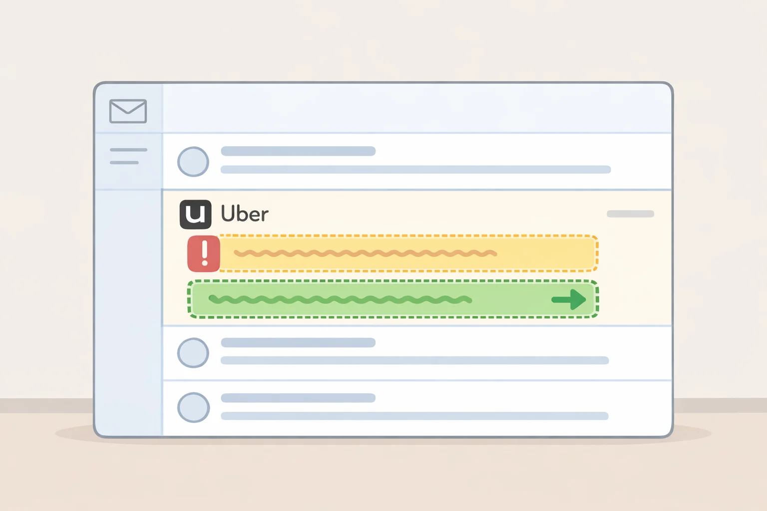 Uber phishing email scam warning about an overdue payment, showing an inbox-style preview with a fake billing alert and an urgent “click to fix” link