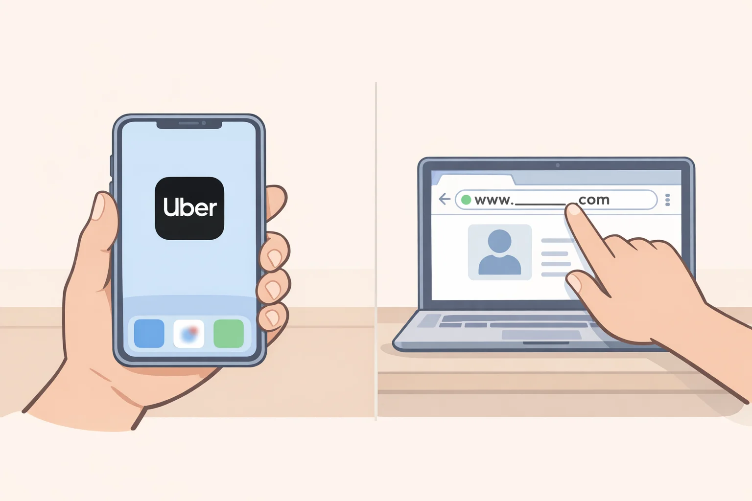 Screenshot-style illustration of verifying an Uber account by opening the Uber app directly or typing uber.com manually, then comparing account status against what a suspicious email claimed