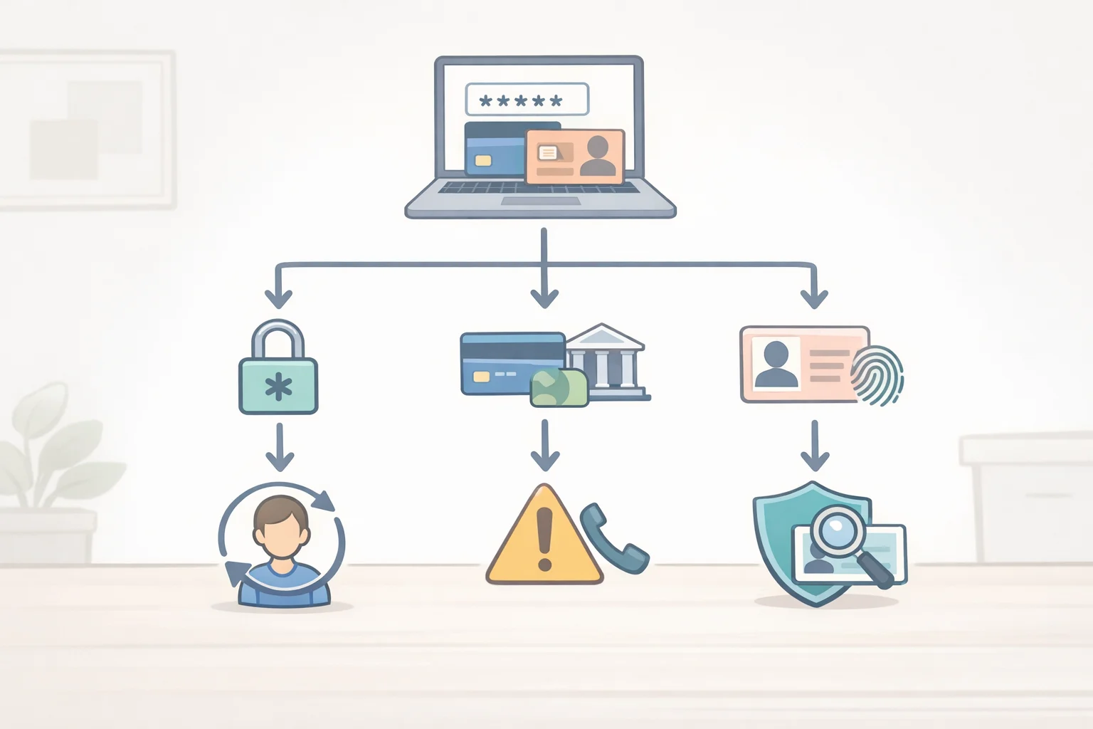 Flowchart of actions after entering information in an Uber payment alert email: stop using the password, contact the card or bank via a verified channel, or treat Social Security and date of birth as identity-theft risk
