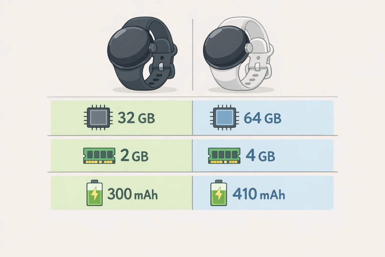 Comparison chart of Pixel Watch 5 vs Pixel Watch 4 specs highlighting doubled storage from 32GB to 64GB, RAM from 2GB to 3GB, and battery capacity increases to 332mAh and 465mAh