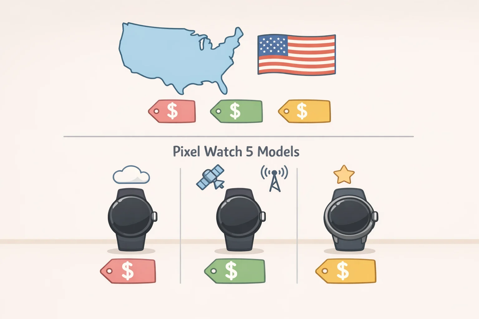 Leaked U.S. pricing breakdown for Pixel Watch 5 models listing 41mm Wi-Fi $399, 41mm LTE $499, 45mm Wi-Fi $429, and 45mm LTE $529
