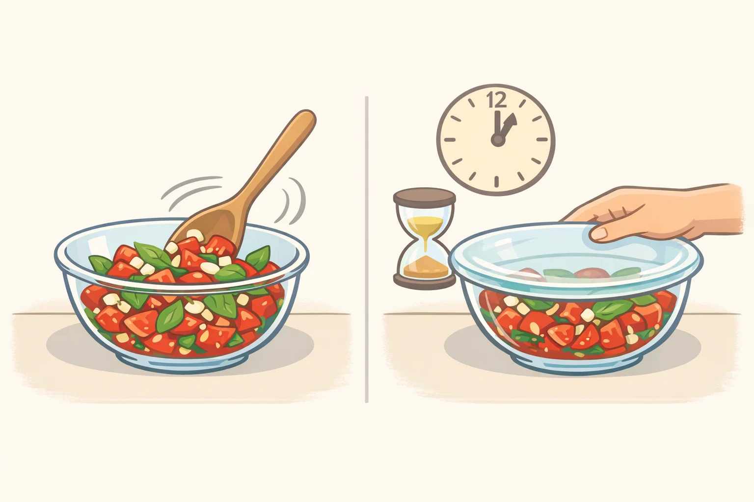Cookbook author Meryl Feinstein-style pomodoro crudo ingredients—halved tomatoes, chopped garlic, torn basil, salt, and olive oil—covered and left to macerate before tossing with pasta
