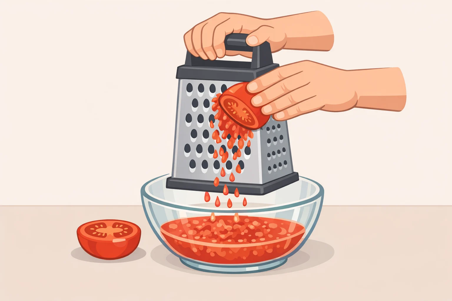 A box grater grating halved tomatoes into a shallow bowl, producing silky grated tomato pasta sauce pulp while discarding the remaining flattened skin