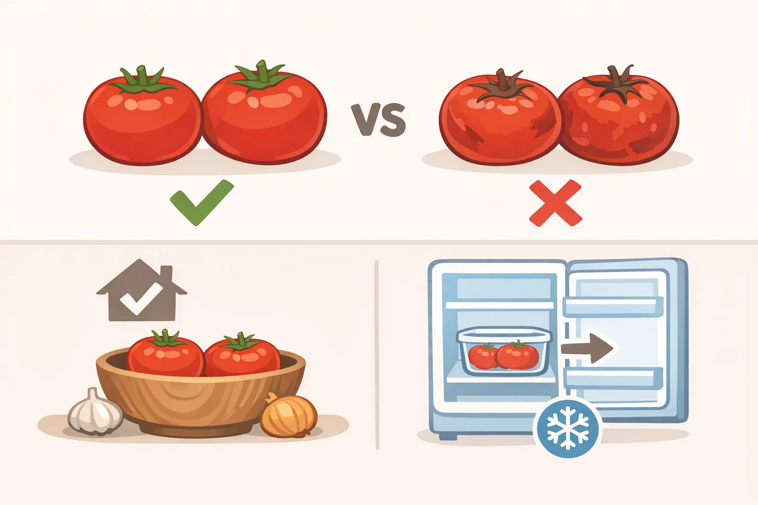 Side-by-side comparison of firm ripe tomatoes for grating versus overripe collapsing tomatoes, with labels showing how whole vs cut tomatoes are stored for pomodoro crudo or grated sauce