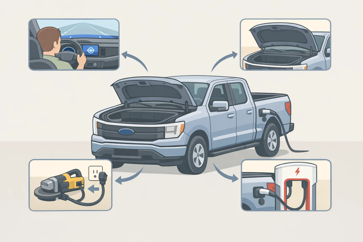 Ford Fathom electric midsize truck showing the front trunk, bi-directional power capability, BlueCruise hands-free highway driving indicators, and Tesla Supercharger network access