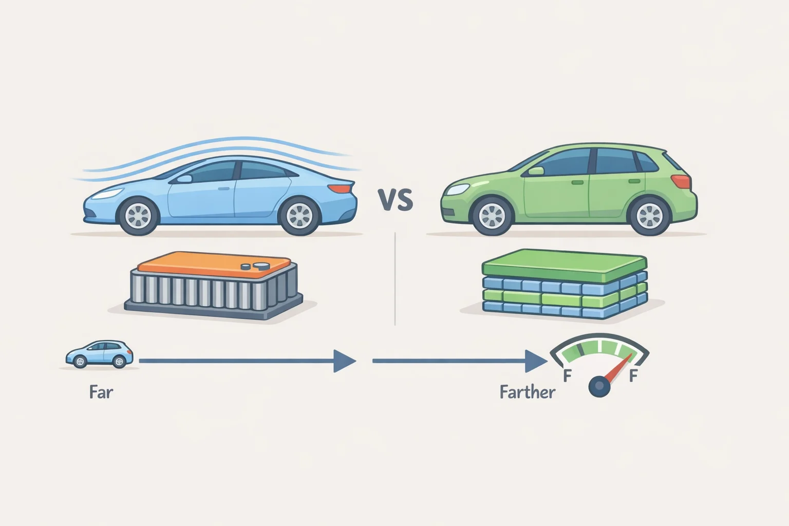 Diagram comparing Ford Fathom's over-the-air-style efficiency approachmore aerodynamic design and a structural lithium-iron-phosphate battery built into the bodyversus using larger battery packs to increase range