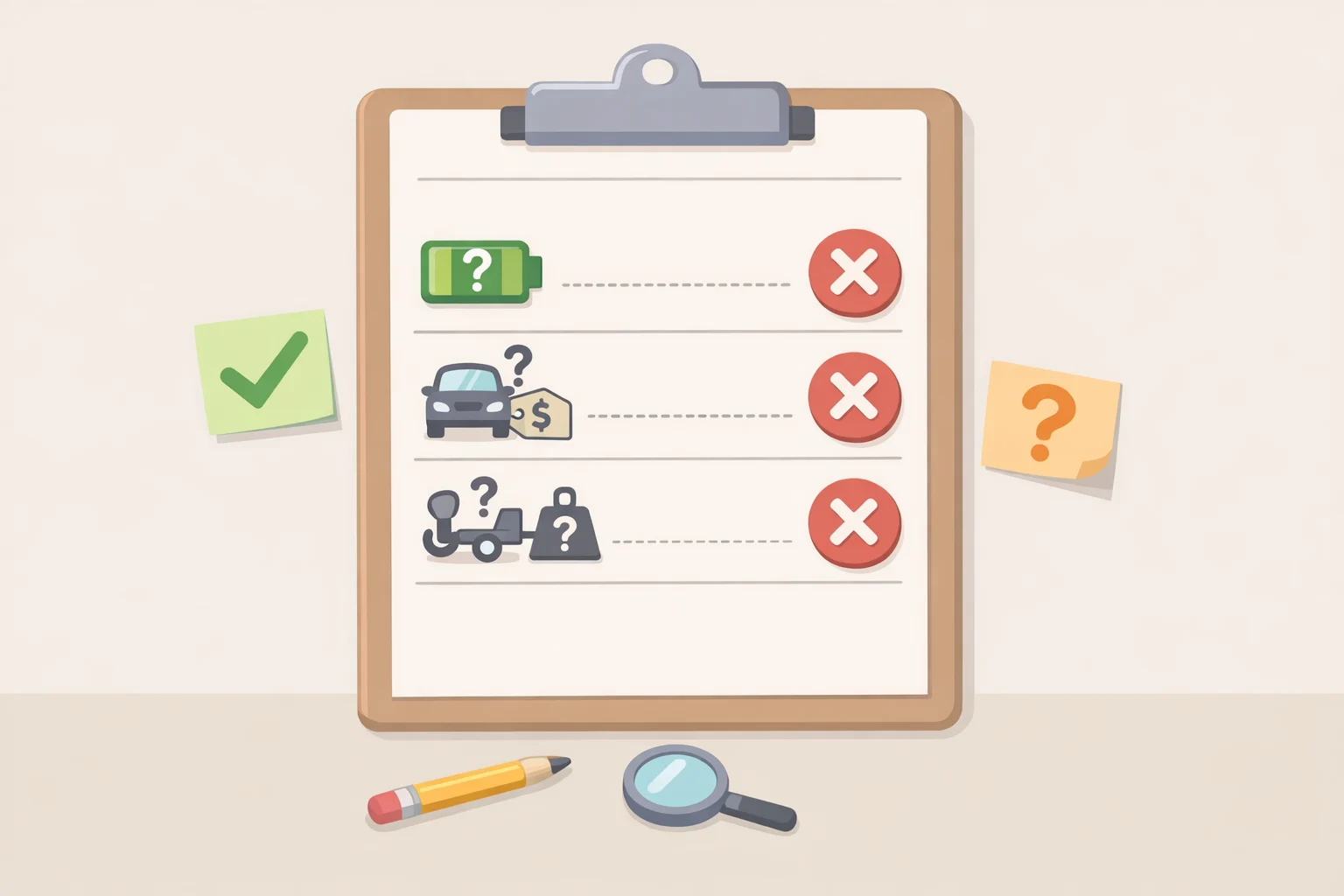Buyer checklist illustration for the 2027 Ford Fathom pre-orders highlighting unknowns like EPA-certified range, trim and option pricing, and towing/payload capacity