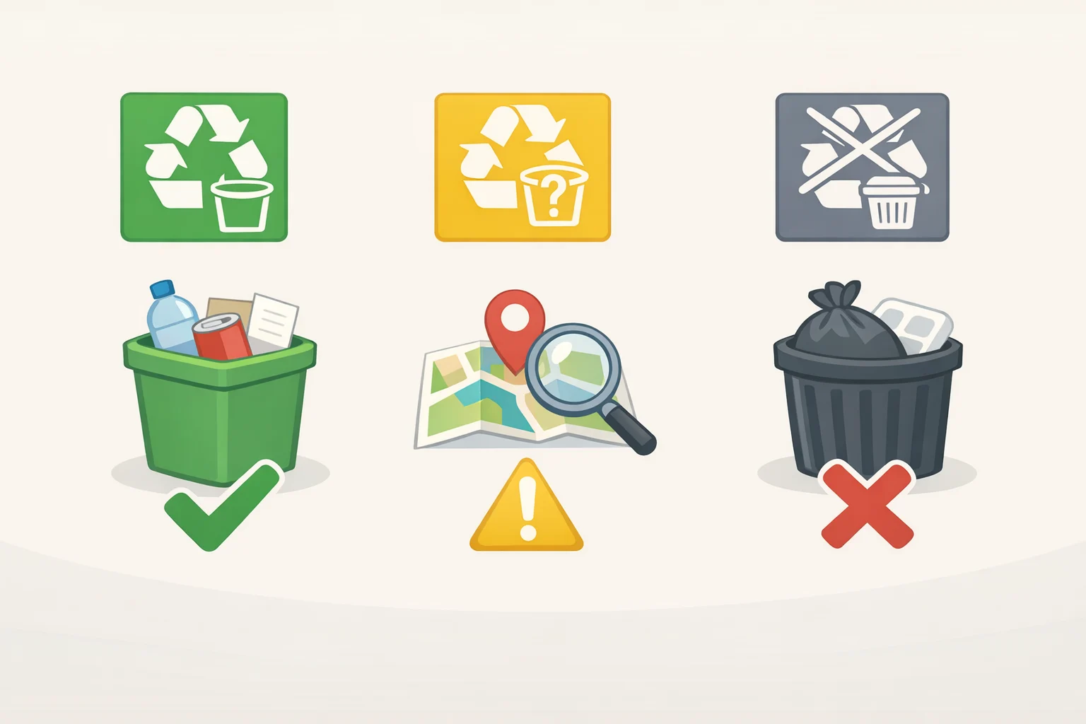 A side-by-side comparison of How2Recycle-style packaging labels showing the categories Widely Recyclable, Check Locally, and Not Yet Recyclable, with an inset note that Check Locally depends on the municipality or hauler.