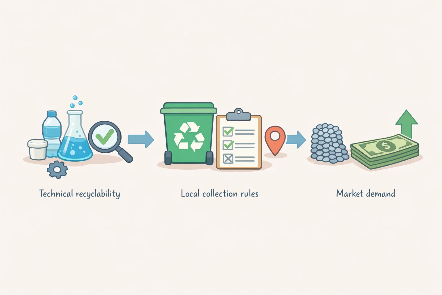 A three-part checklist illustrating why a resin code alone doesn't determine recycling: a symbol for technical recyclability, a map icon for local collection acceptance, and a storefront or supply-demand icon for whether the recycled plastic is actually purchased.