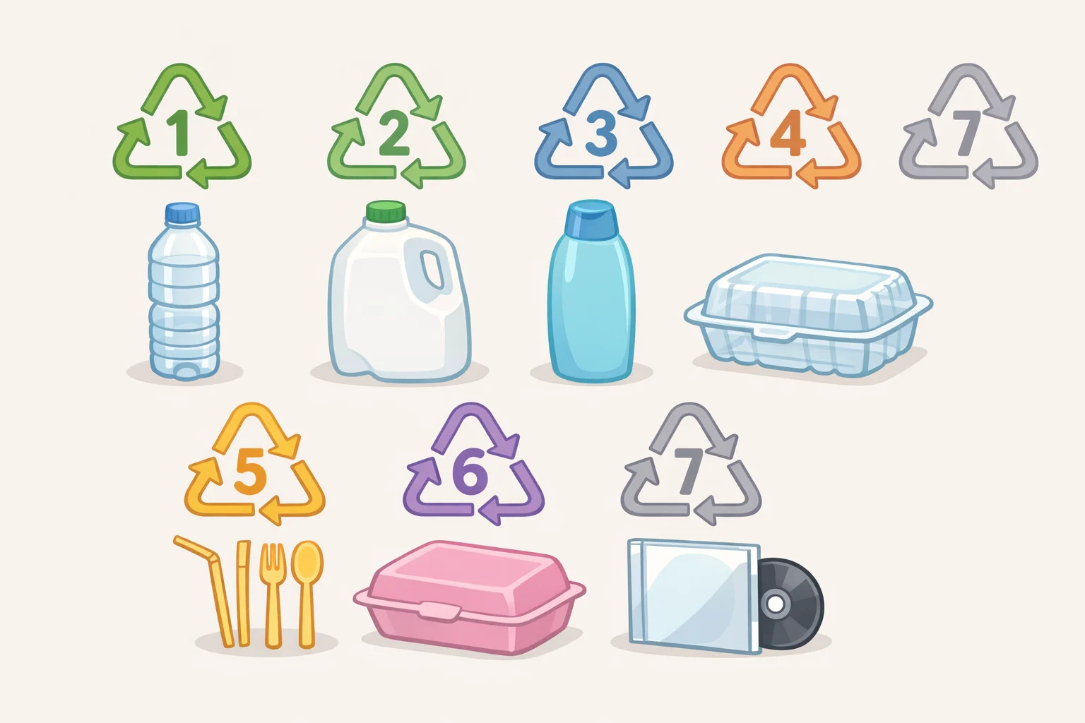 A guide image mapping the resin identification codes: a PET bottle labeled 1, an HDPE milk jug labeled 2, a PVC example labeled 3, an LDPE squeeze bottle labeled 4, a PP yogurt cup labeled 5, a PS foam cup labeled 6, and a miscellaneous item labeled 7; what recycling symbols on plastic containers mean is explained as resin type, not guaranteed curbside recycling.