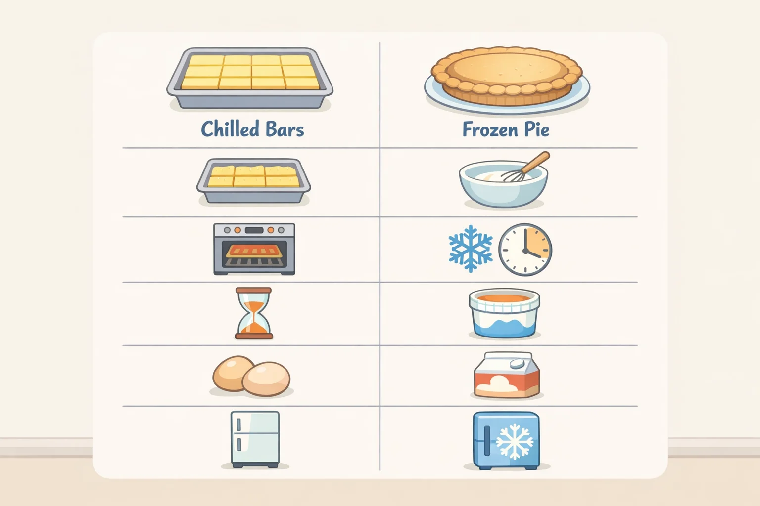 Comparison of chilled key lime bars and frozen key lime pie showing crust baking vs no-bake freezing, set times, egg usage, and storage limits