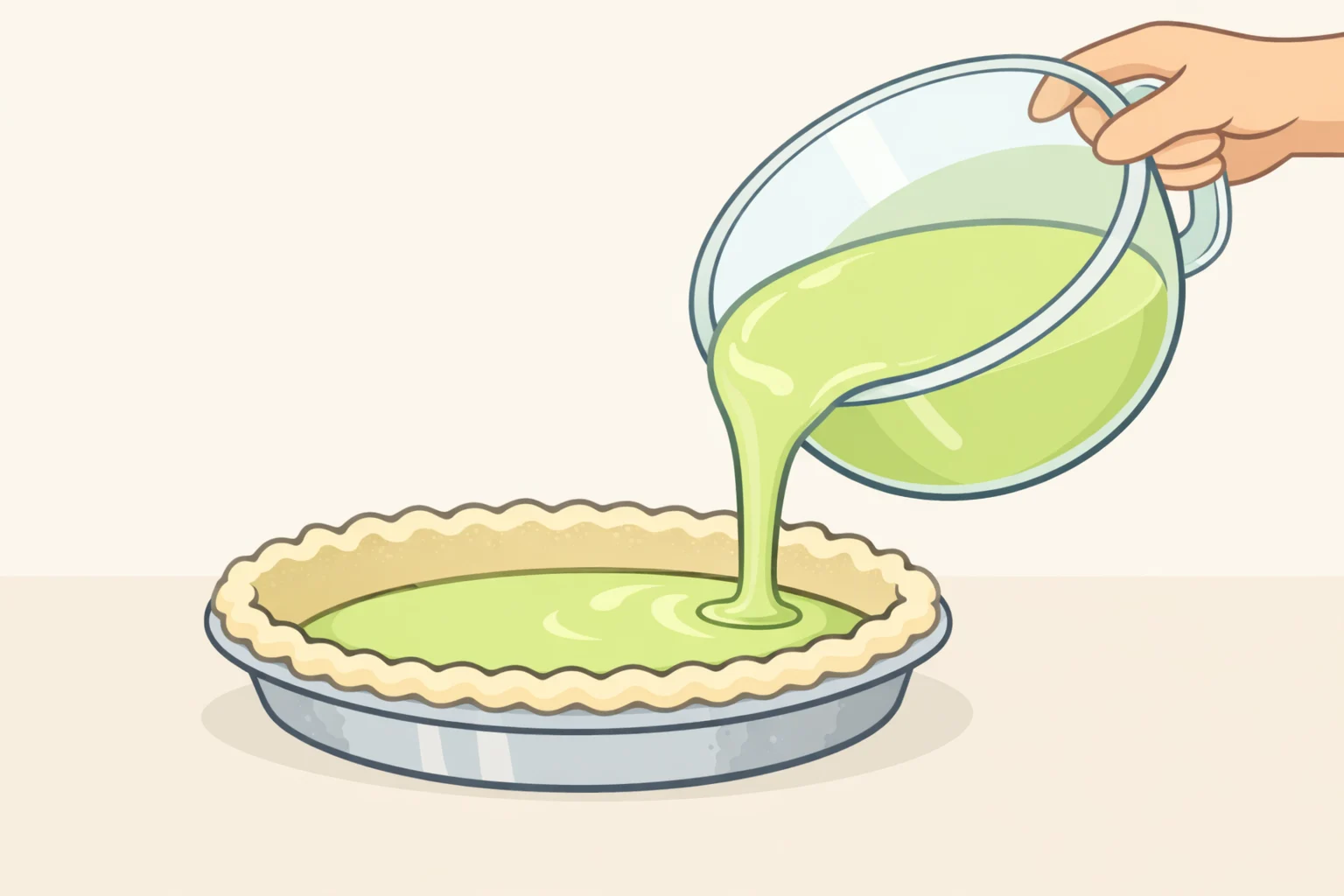Pouring key lime pie filling into a pre-frozen graham cracker crust to create a firm mousse-like frozen dessert