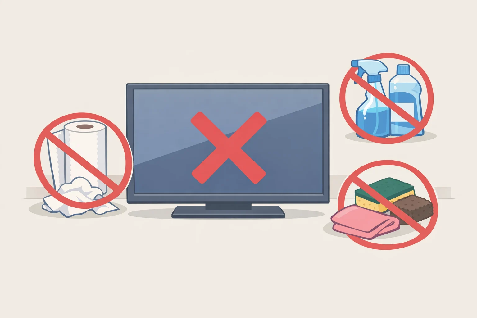 A caution-style illustration listing items to avoid—paper towels, tissues, scouring powder, ammonia-based cleaners, and Windex-like glass cleaners—near a flat-panel TV screen