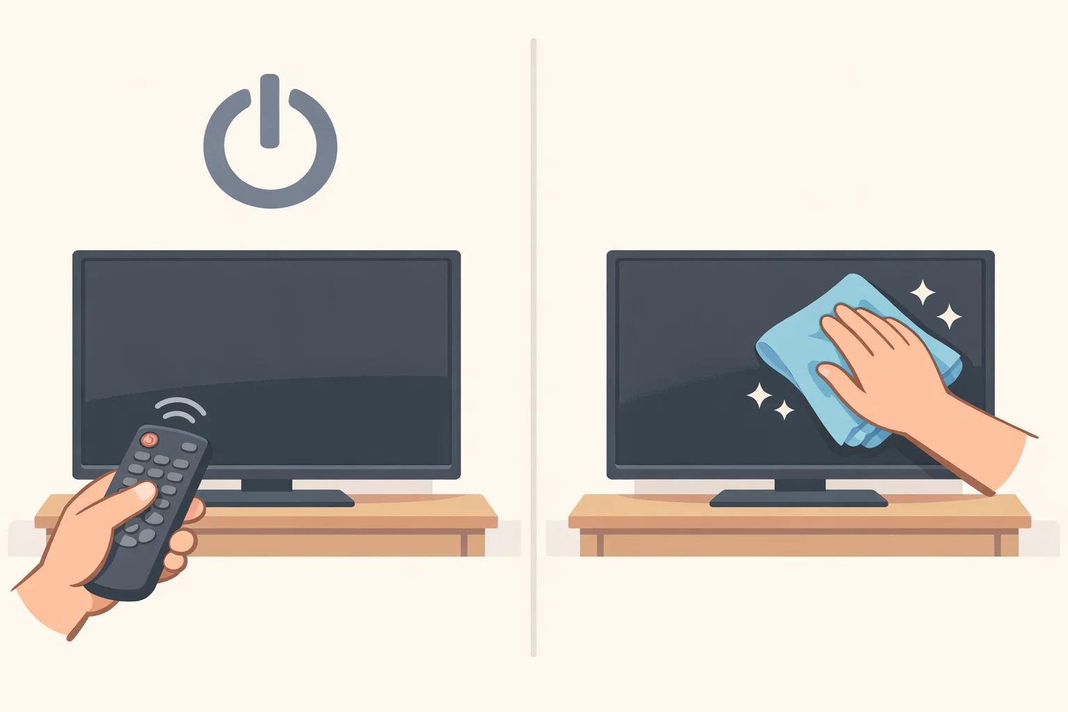A person turning off or unplugging a flat-screen TV and wiping the dark, powered-off screen gently with a dry anti-static microfiber cloth