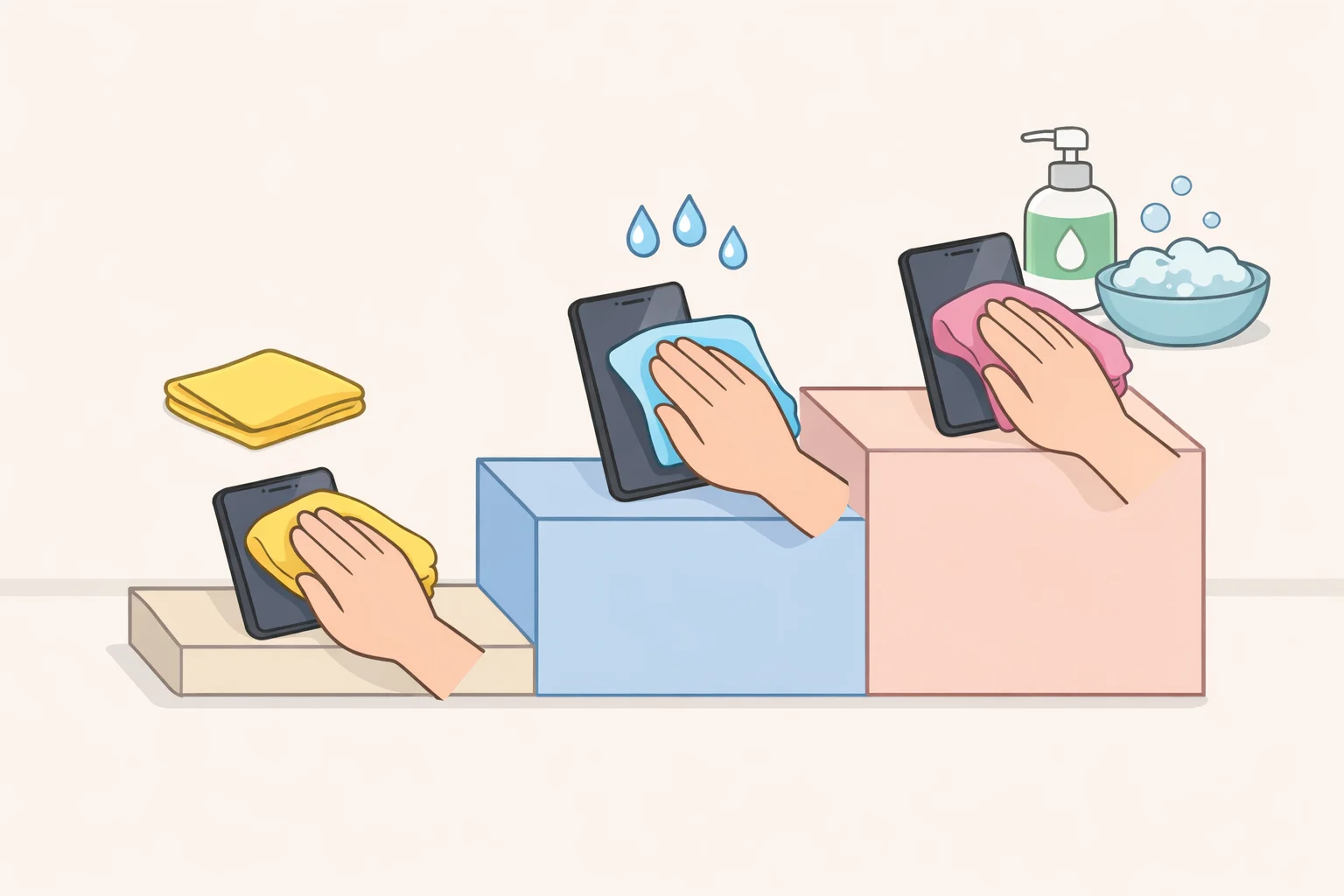 Step-by-step view of cleaning TV fingerprints: dry microfiber wipe first, then a barely damp cloth, then a cloth with diluted mild dish soap applied without spraying the panel