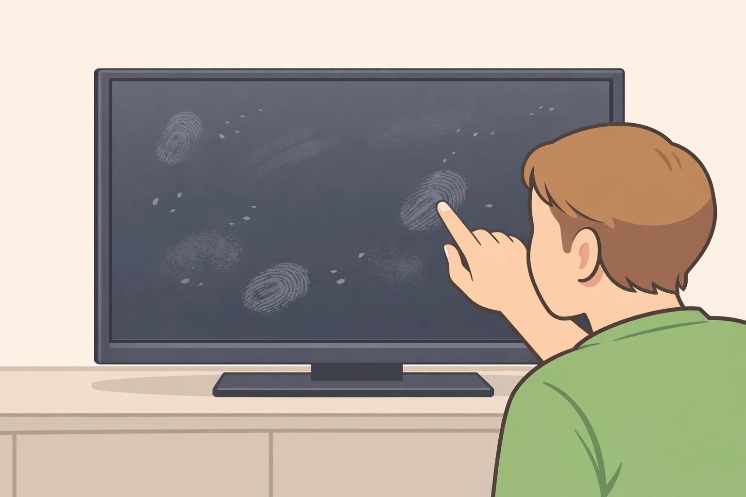 A close-up of a TV screen with fingerprints and dust indicating when to clean the screen, reflecting guidance on how often to clean a TV screen based on visible smudges rather than a fixed schedule