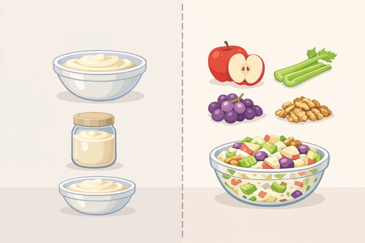 Side-by-side infographic comparing the 1890s original (apples, celery, mayonnaise) with the modern classic Waldorf salad recipe (apples, celery, grapes, walnuts, mayo-yogurt dressing)
