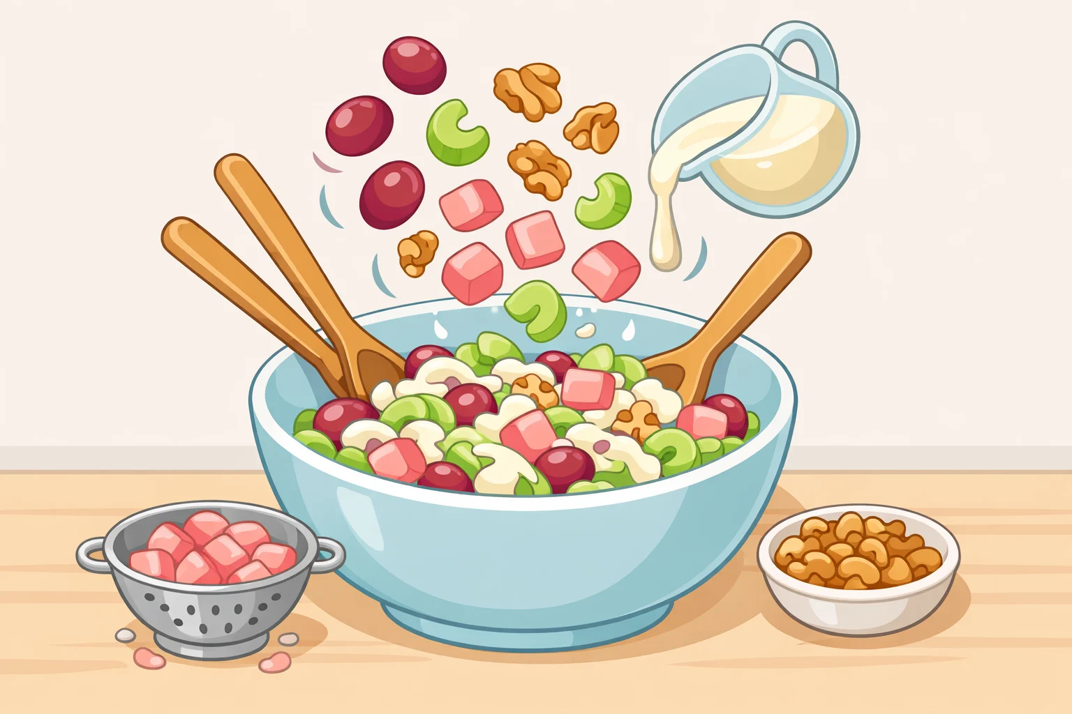 Serving bowl where pickled apples, halved grapes, chopped toasted walnuts, and celery are mixed with creamy dressing and finished with celery leaves