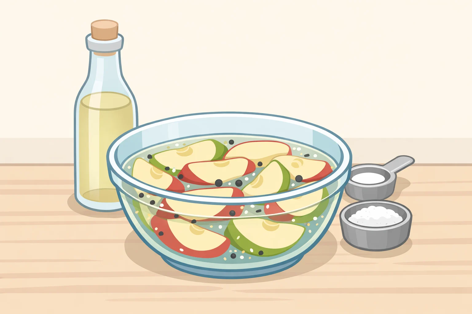 Bowl of diced apples submerged in cider vinegar brine, illustrating how pickling boosts tang and helps prevent browning