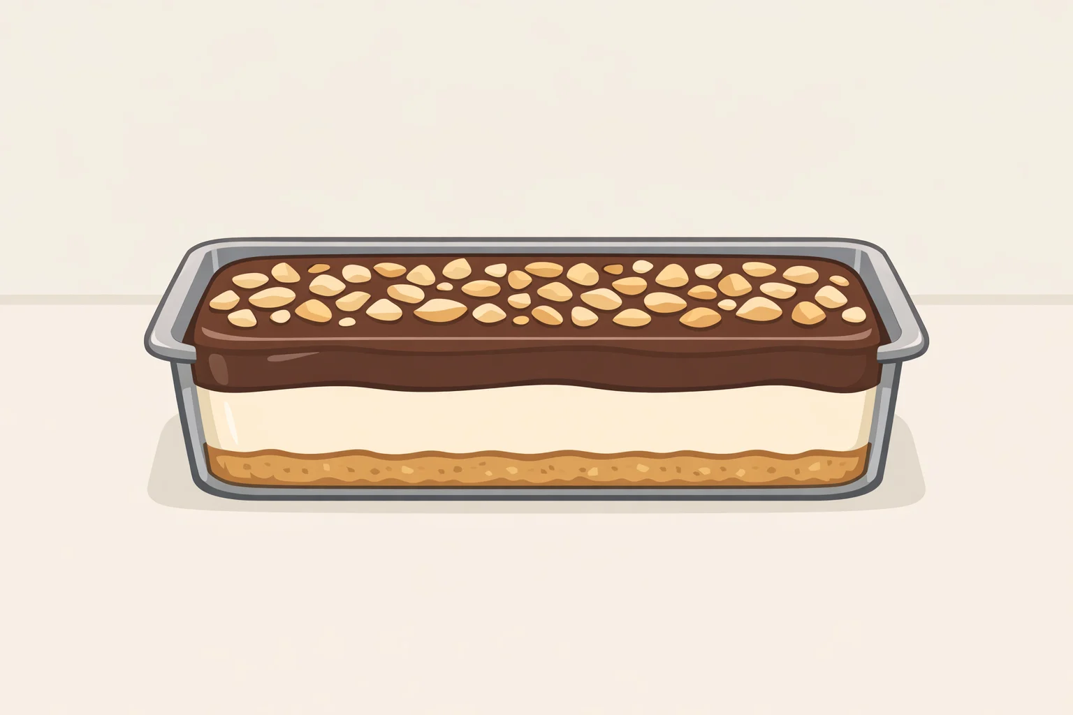Overhead view of a 9x13 pan showing distinct bands—crust, vanilla ice cream, thin chocolate layer with peanuts, then repeating the chocolate-peanut and ice cream layers