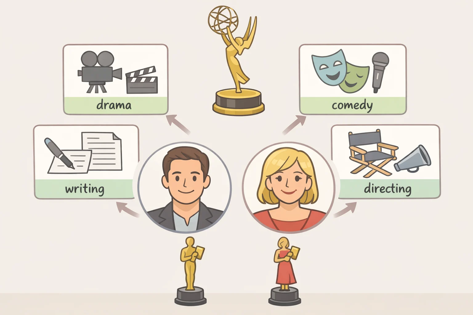 Chart summarizing Widow's Bay Emmy nominations, including Outstanding Comedy Series and acting and writing/directing nods for Matthew Rhys, Kate O'Flynn, Stephen Root, Dale Dickey, Dippold, and Hiro Murai